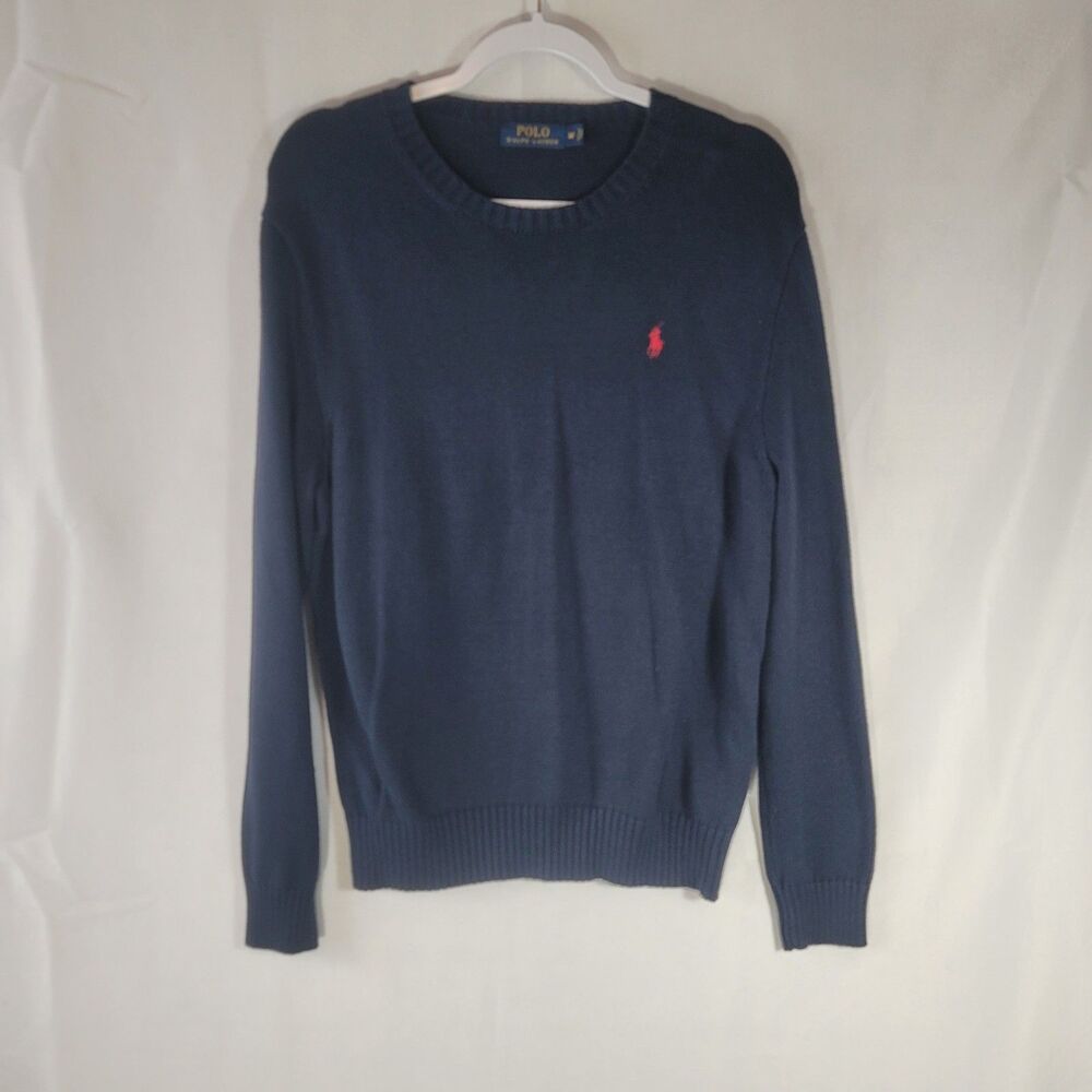Polo Ralph Lauren Men's Medium Navy Blue 100% Cotton Crewneck Sweater Red Pony